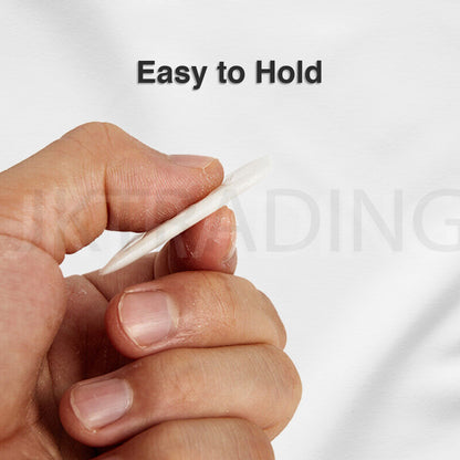 Side profile of a thin, ergonomic white wax chalk piece held in a hand to highlight its comfortable grip.