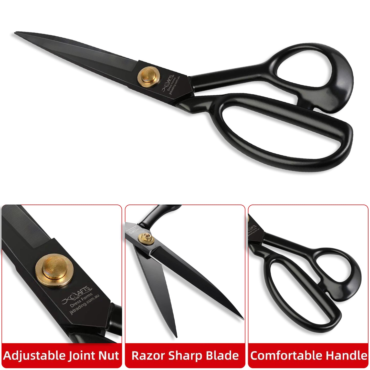 Black scissors with adjustable joint nut, razor sharp blade, and comfortable handle on a white background.