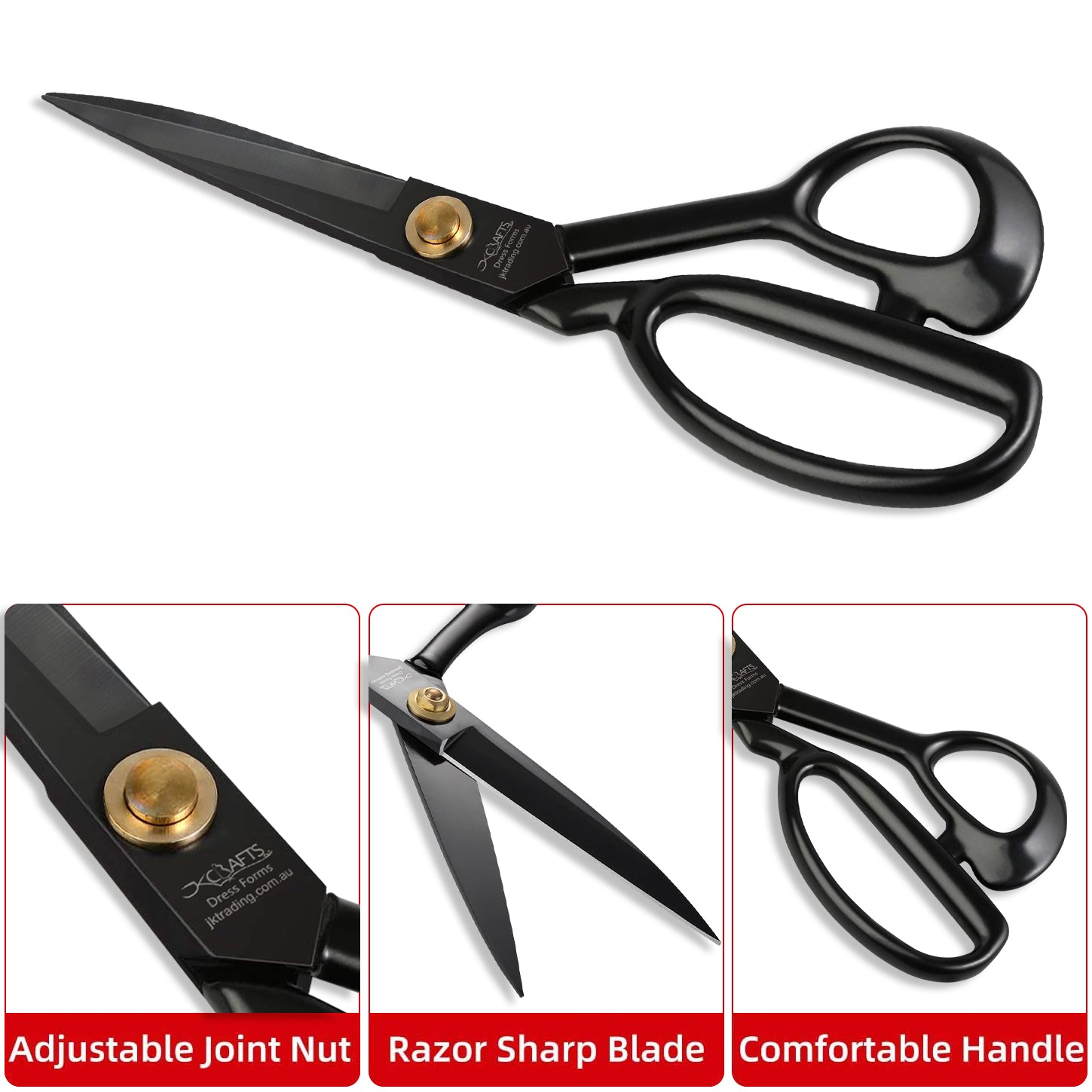 Black scissors with adjustable joint nut, razor sharp blade, and comfortable handle on a white background.