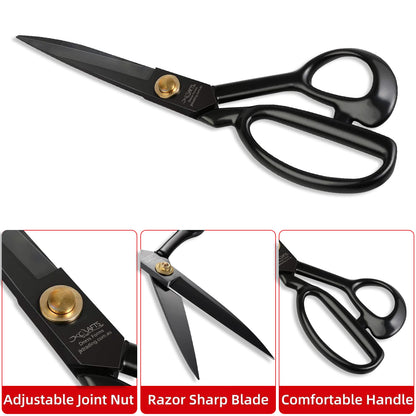 Black scissors with adjustable joint nut, razor sharp blade, and comfortable handle on a white background.