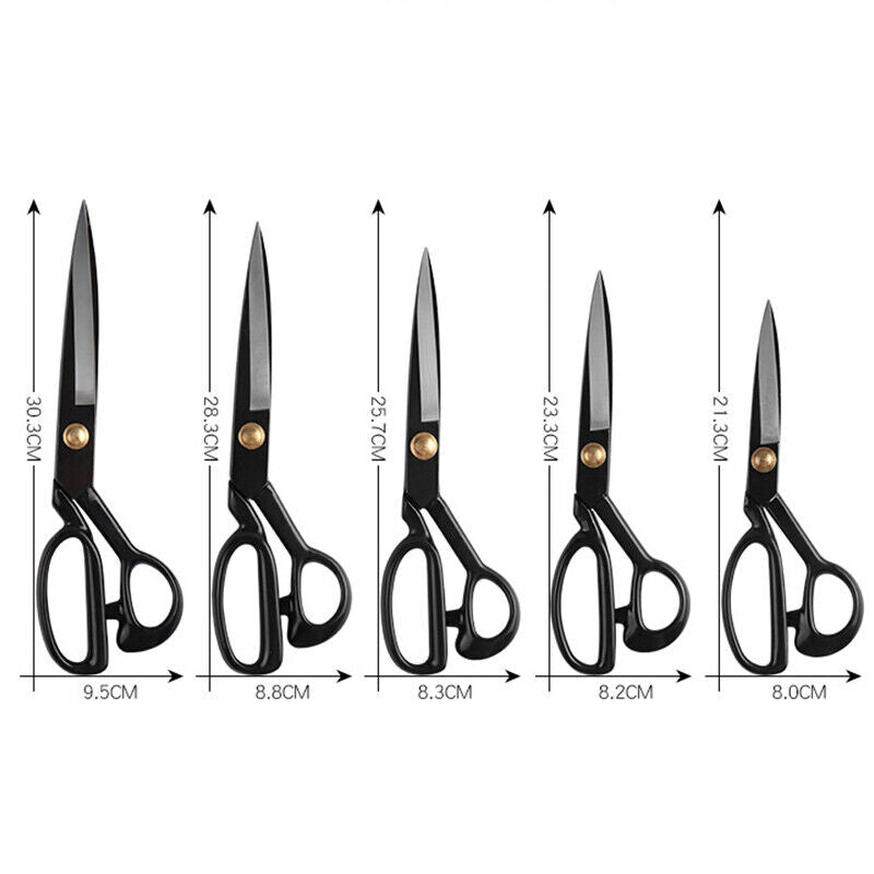 Set of five pairs of scissors with measurements indicated below each pair.