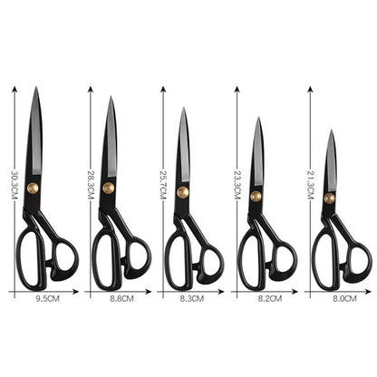 Set of five pairs of scissors with measurements indicated below each pair.