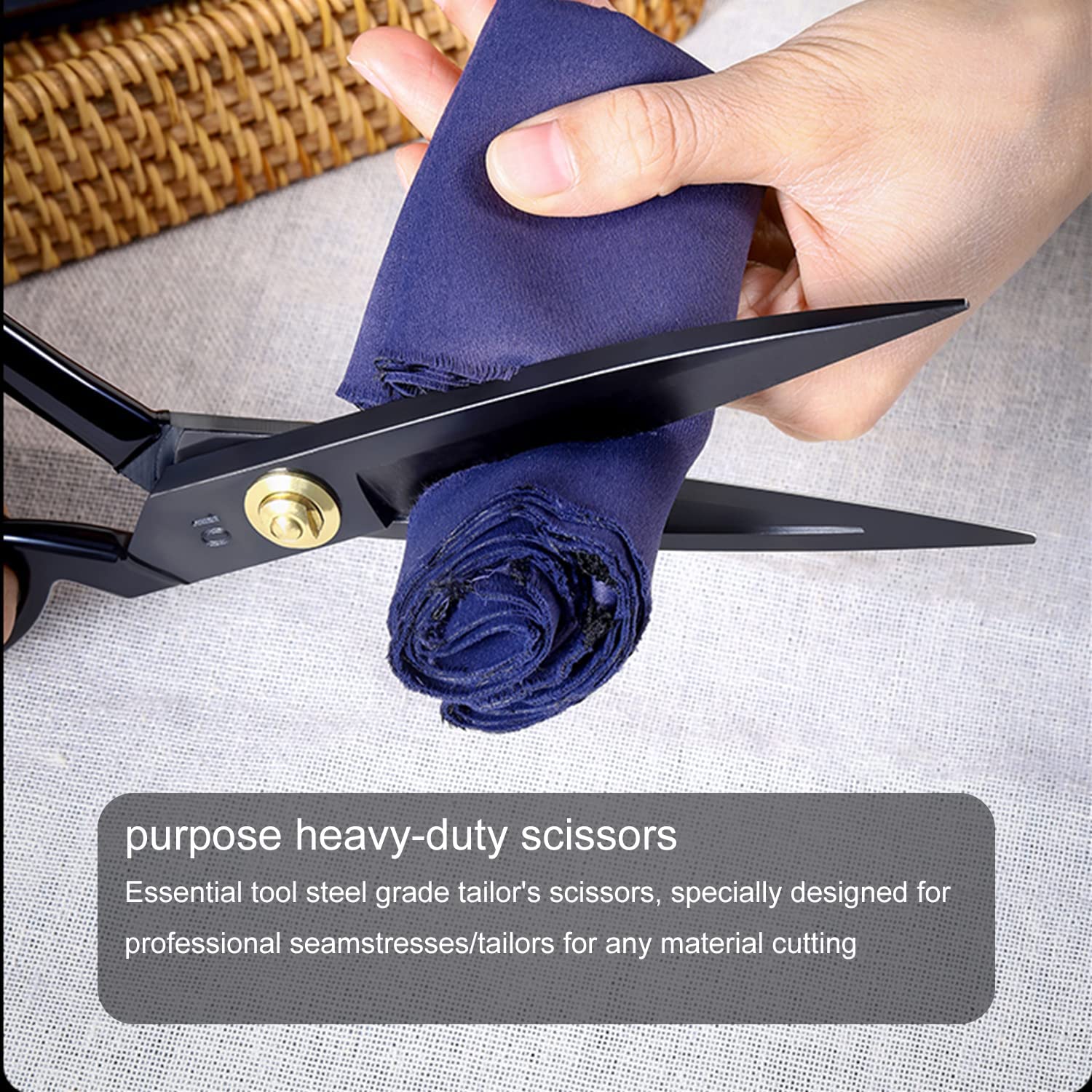 Heavy-duty scissors cutting blue fabric with text describing their use.
