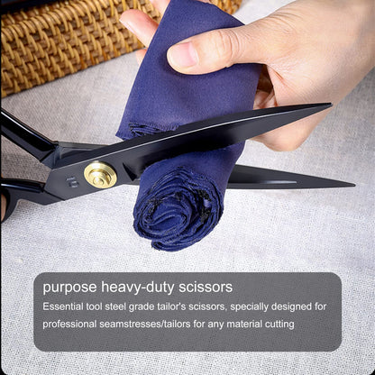 Heavy-duty scissors cutting blue fabric with text describing their use.