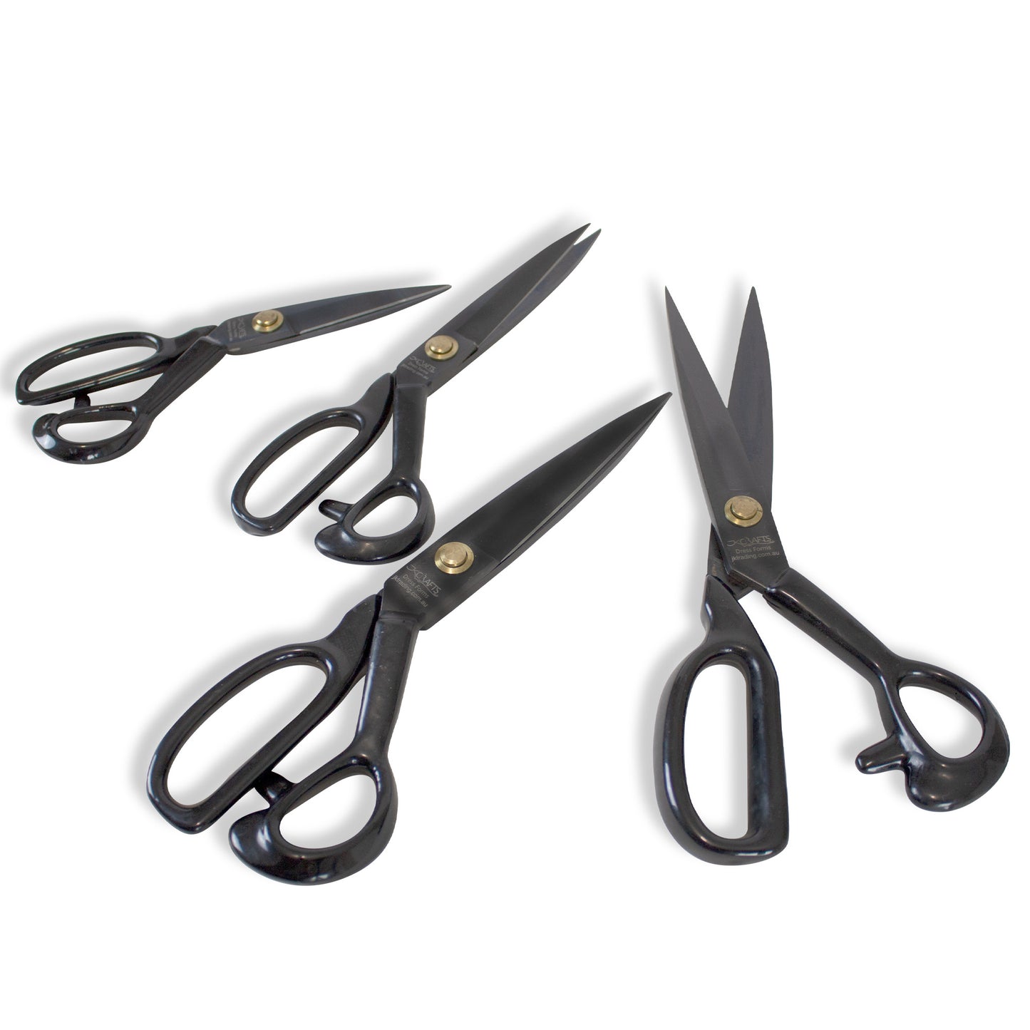 Four pairs of black-handled scissors on a white background