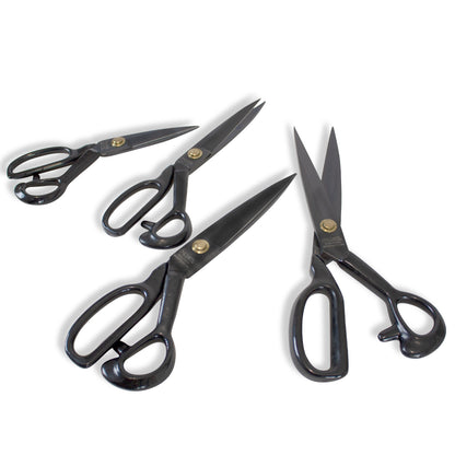 Four pairs of black-handled scissors on a white background