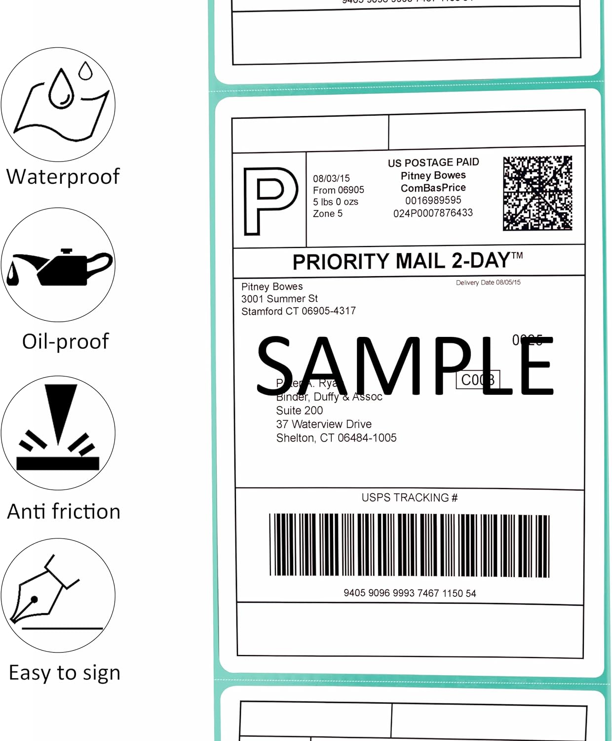 Layout schematic of a standard 4x6 inch printable thermal barcode sticker detailing icons for easy peeling.