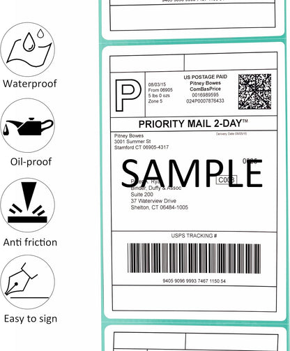 Layout schematic of a standard 4x6 inch printable thermal barcode sticker detailing icons for easy peeling.