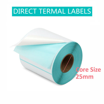 Single roll of blank direct thermal labels highlighting the standard 25mm core size diameter.