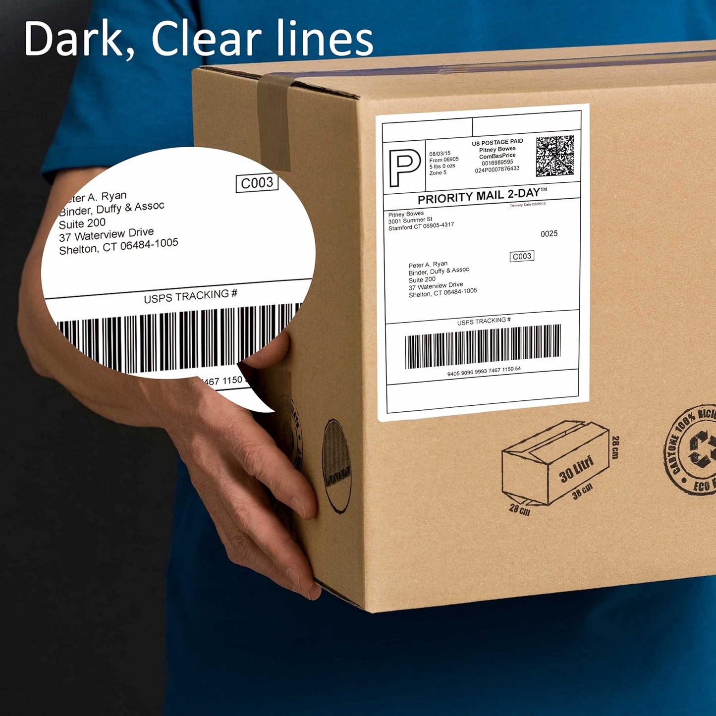Courier holding a corrugated cardboard mailing box with a cleanly applied thermal barcode shipping address label.