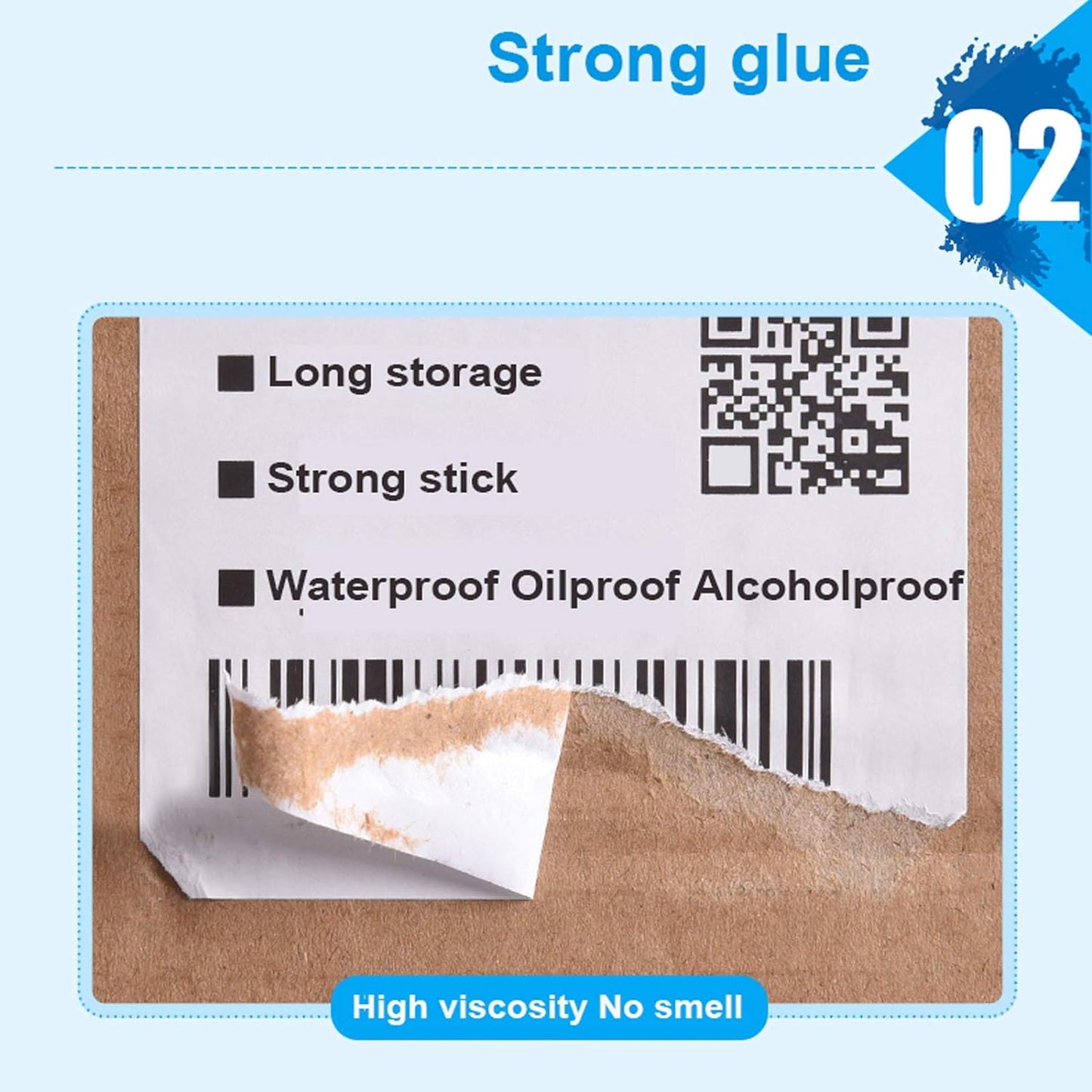 Close-up demonstrating the strong permanent adhesive glue backing of a tear-resistant thermal paper sticker.