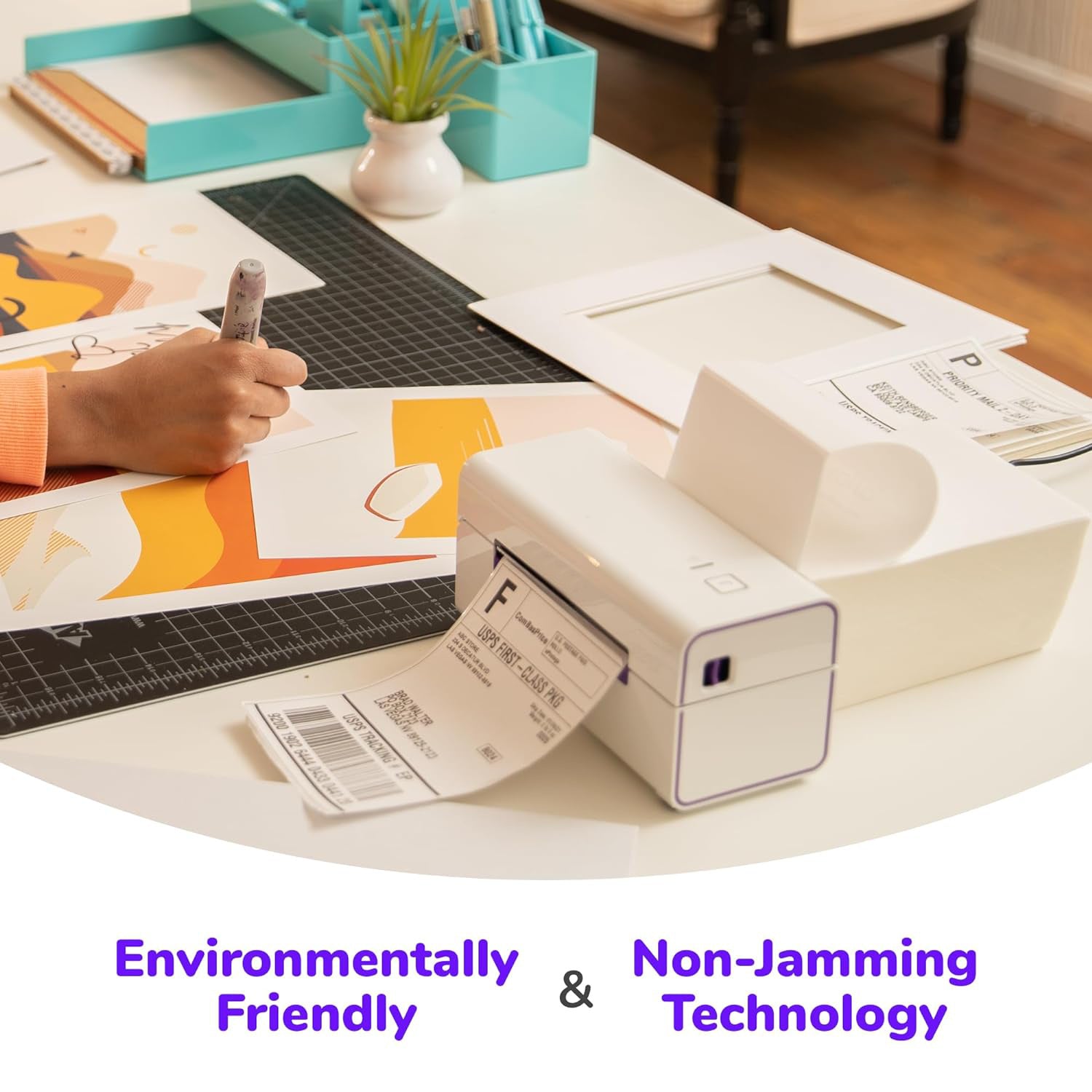 Small business packing workspace utilizing a non-jamming desktop thermal printer for processing orders.