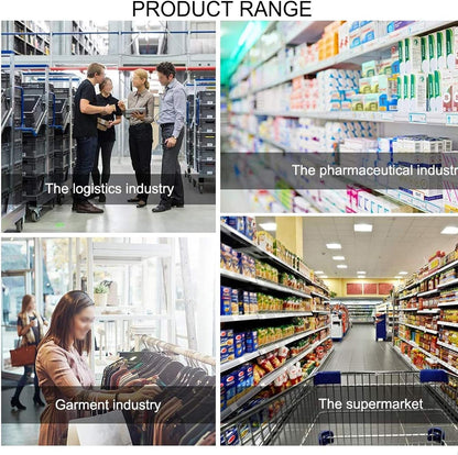 Multi-panel image displaying product range applications across logistics warehouses, office spaces, and supermarkets.