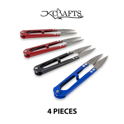 Four-piece assortment set of industrial spring action thread nippers in red, black, and blue metal frames.