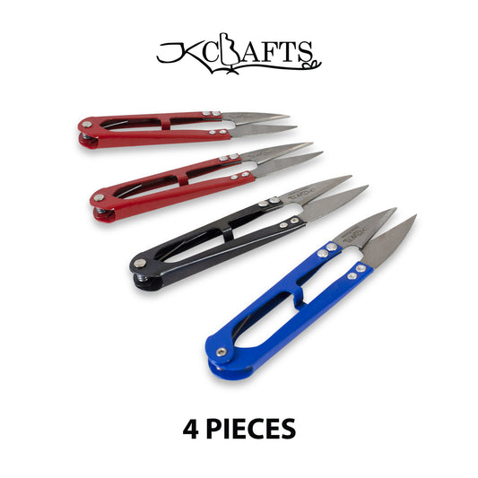 Four-piece assortment set of industrial spring action thread nippers in red, black, and blue metal frames.