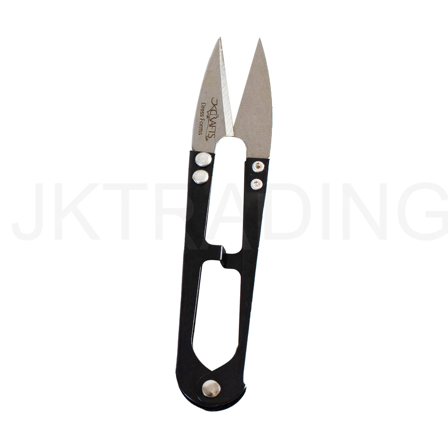 Full side profile view of a professional matte black U-shaped spring action thread nipper tool.