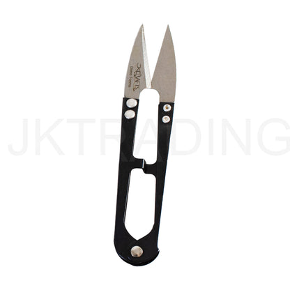 Full side profile view of a professional matte black U-shaped spring action thread nipper tool.
