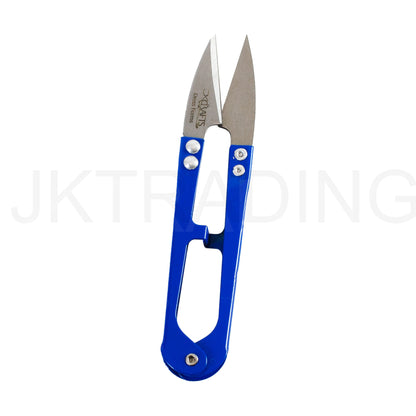 Clean vertical shot of a bright blue metal handle mini yarn clipper isolated on a white background.