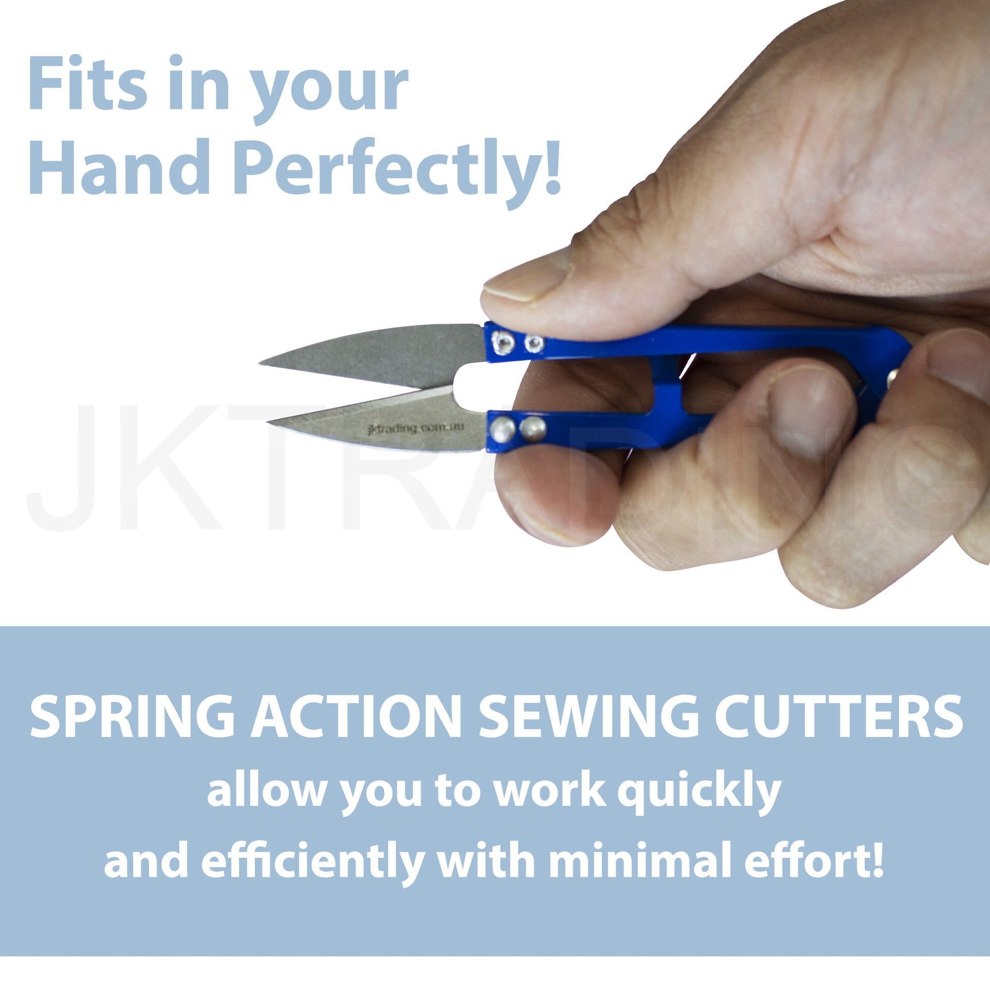 Hand squeezing a blue spring-loaded embroidery thread cutter to demonstrate quick, low-effort clipping.