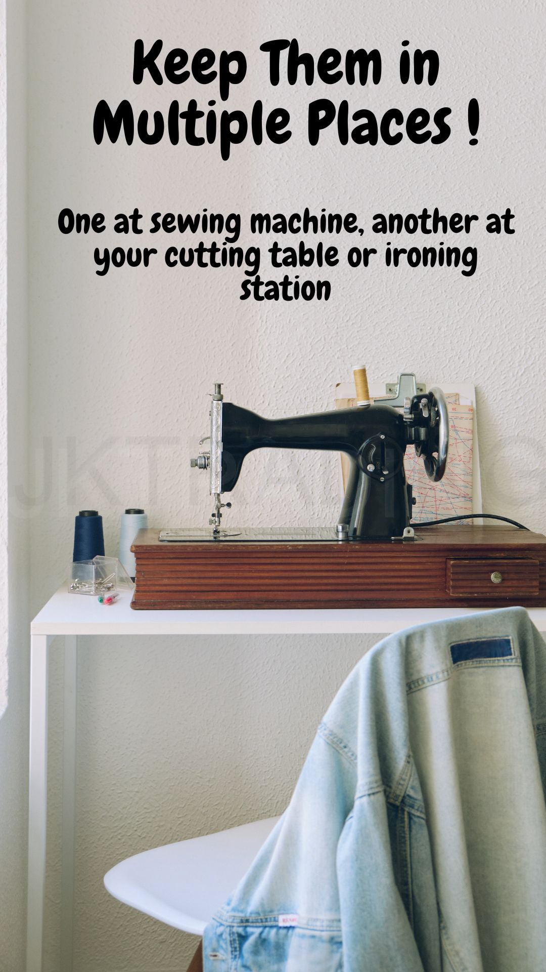 Industrial sewing machine workstation setup suggesting multi-room placement convenience for portable snips.