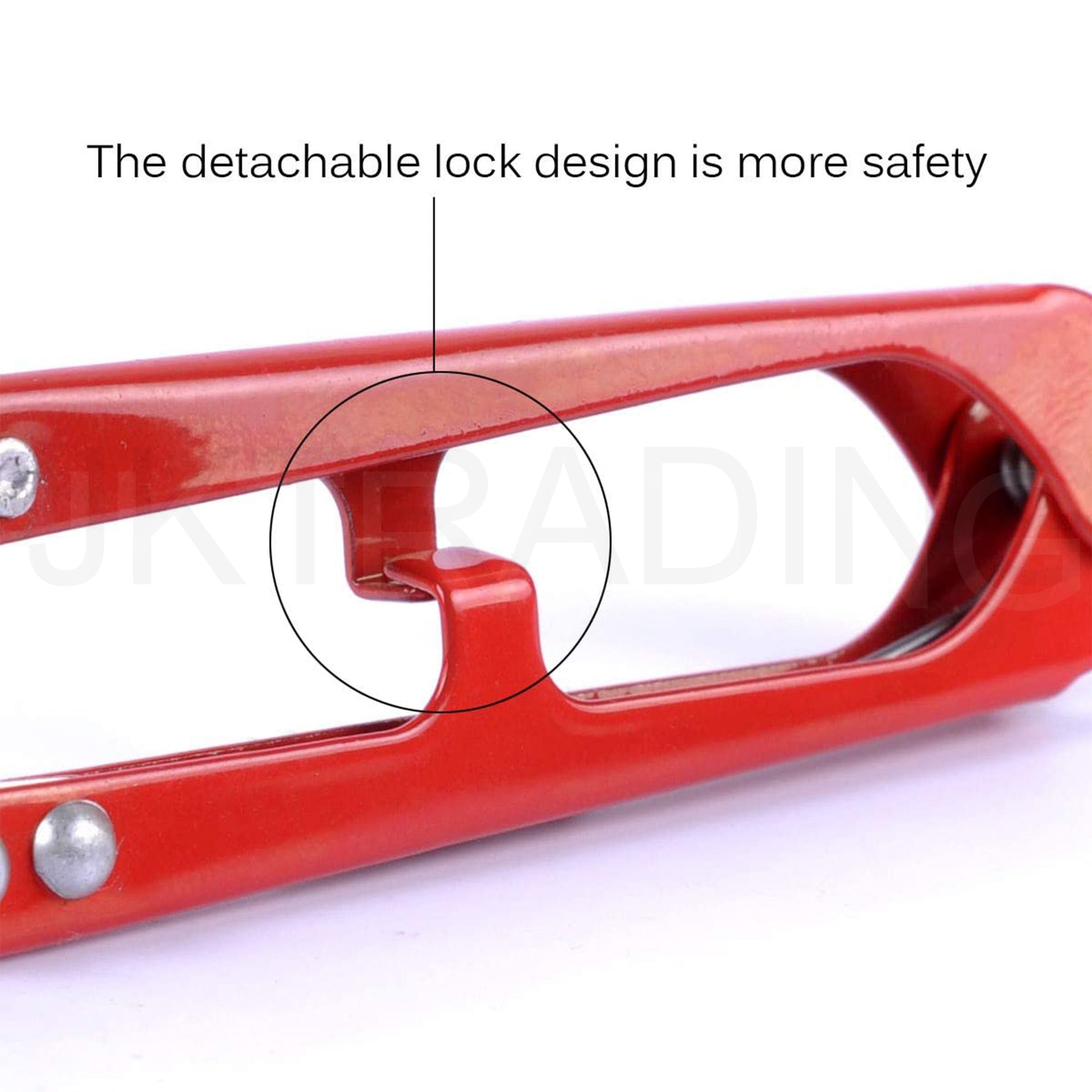 Macro view detailing the built-in safety locking latch mechanism on the red metal handle casing.