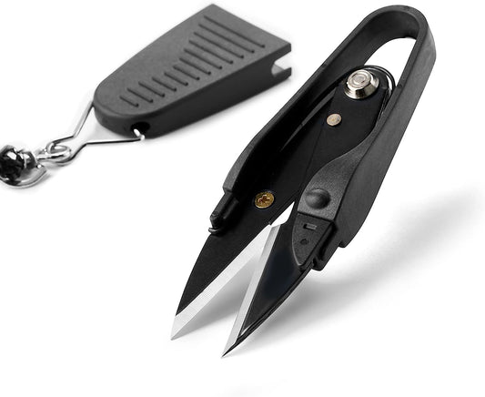 Matte black mini spring action thread nippers shown with an attachable safety blade cap.