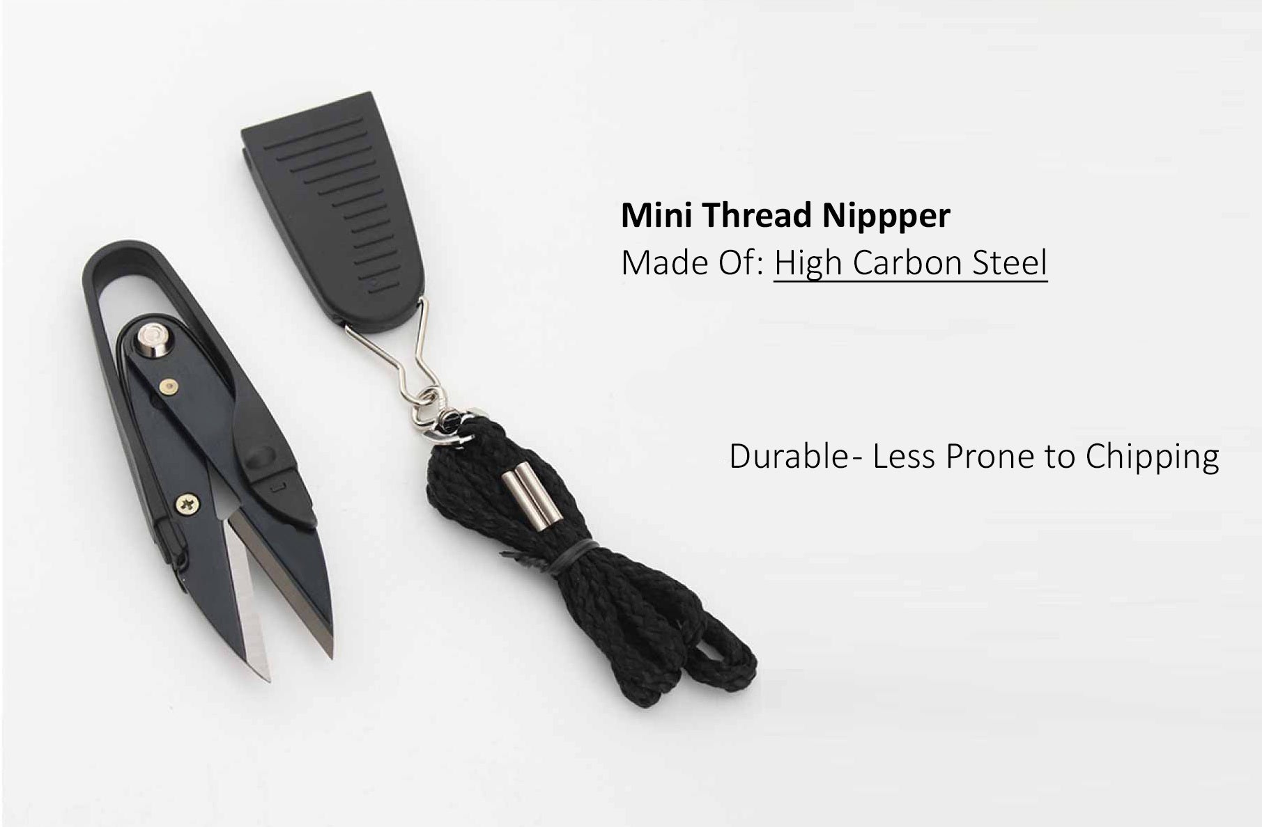 Portable black yarn snips kit displayed alongside a protective safety shield and an integrated neck strap lanyard.