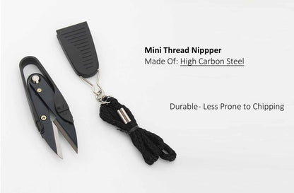 Portable black yarn snips kit displayed alongside a protective safety shield and an integrated neck strap lanyard.