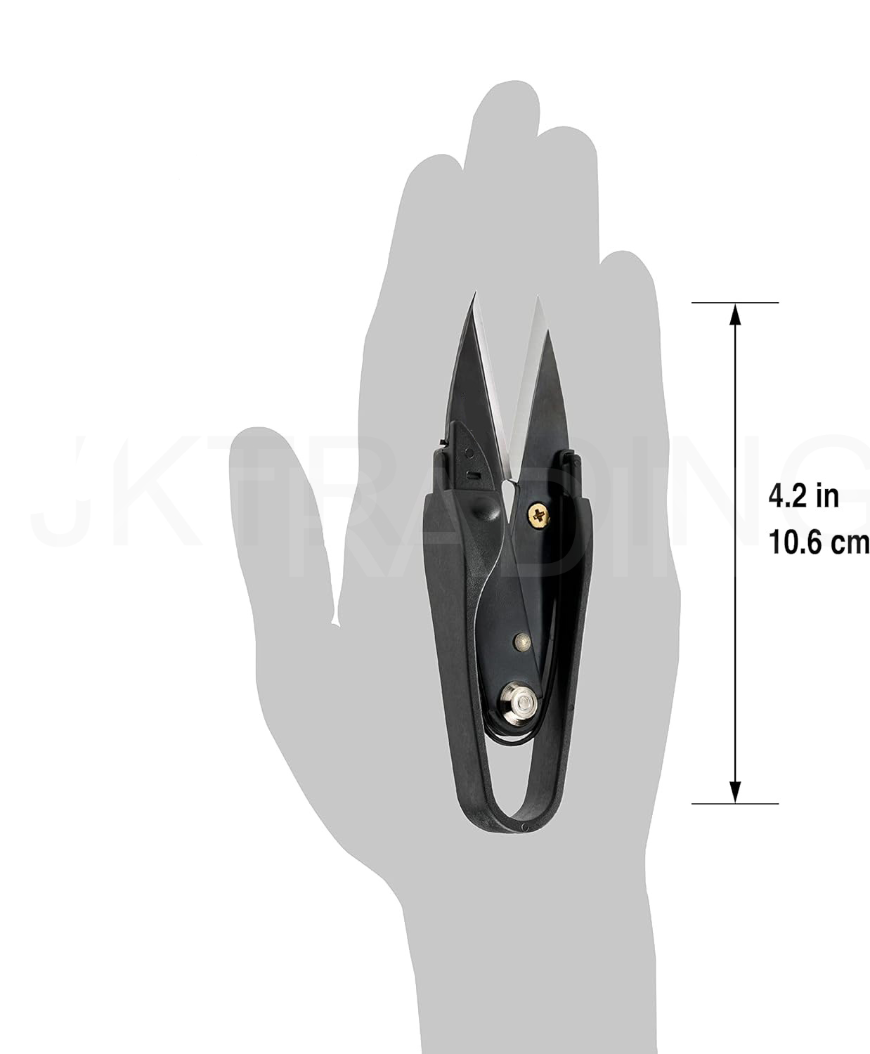 Dimension infographic illustrating the compact 4.1-inch or 10.5cm length of the handheld sewing clipper against an open palm.