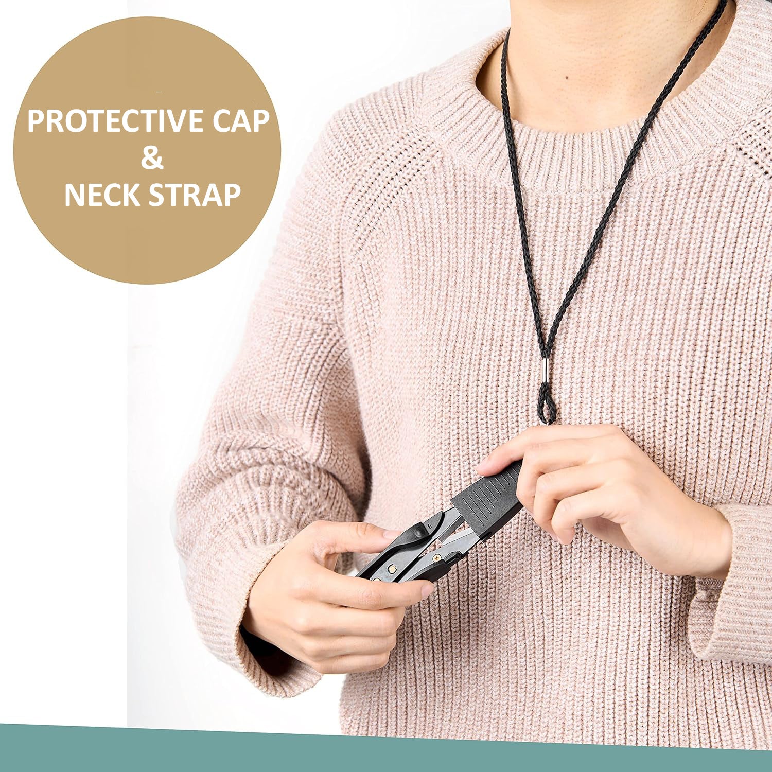 Crafter wearing the lightweight black thread cutter tool on a neck lanyard for hands-free sewing accessibility.