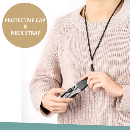 Crafter wearing the lightweight black thread cutter tool on a neck lanyard for hands-free sewing accessibility.