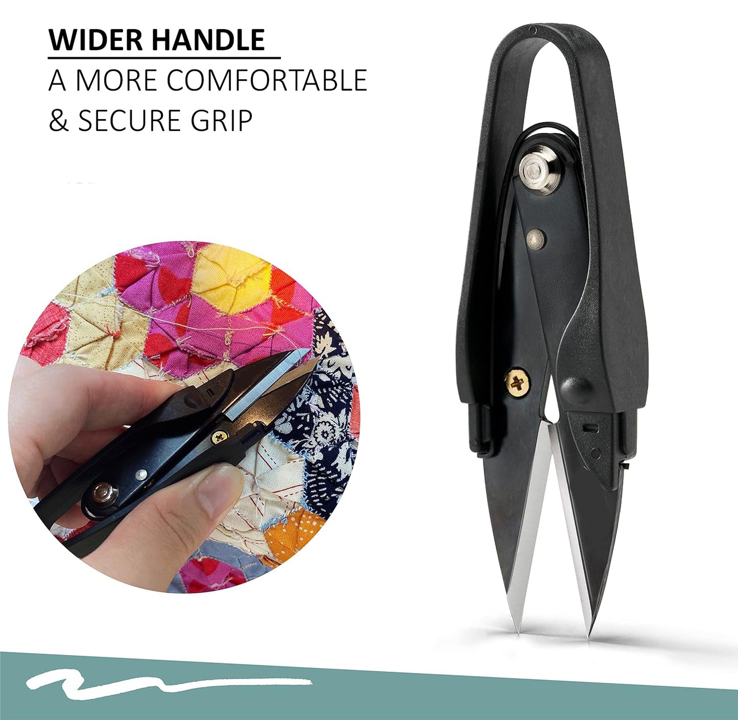 Feature graphic highlighting the wide, ergonomic comfort handle designed for a secure grip during patchwork quilting.