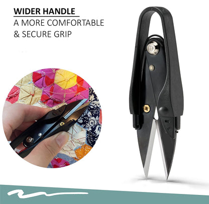Feature graphic highlighting the wide, ergonomic comfort handle designed for a secure grip during patchwork quilting.