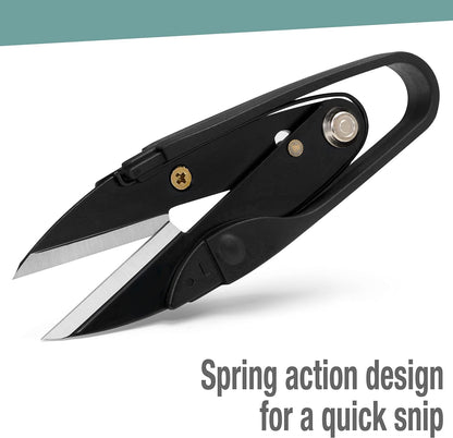 Black U-shaped tailors thread clipper showcasing its smooth auto-rebound tension spring action design.