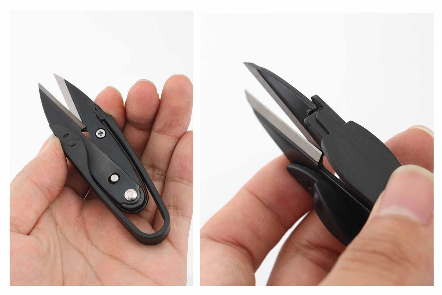 Two-panel hand demonstration showing how easily the compact thread snips open and close for quick trimming.
