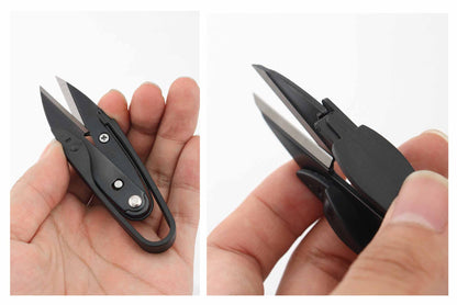 Two-panel hand demonstration showing how easily the compact thread snips open and close for quick trimming.