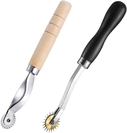 Comparison layout of a natural wood-handled tracing tool next to a sleek black ergonomic-handled sewing tracer.