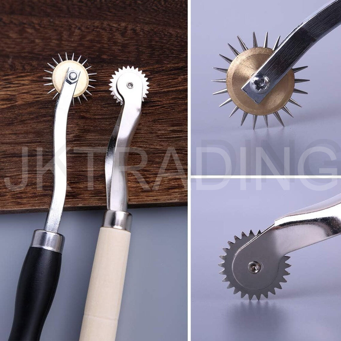 Close-up comparison detailing the differences between a smooth blunt tracing wheel and a sharp needle-point gear wheel.