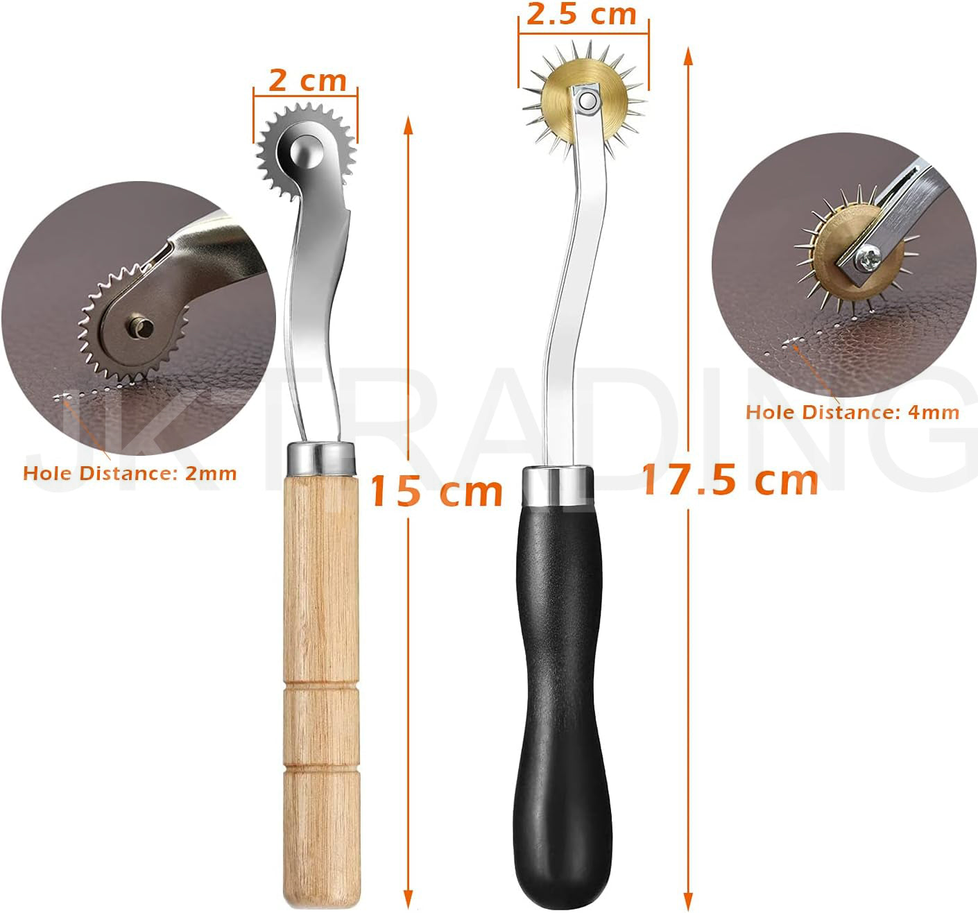 Dimensions infographic showing the 15cm length of the wooden handle model and the 17.5cm length of the black handle model.