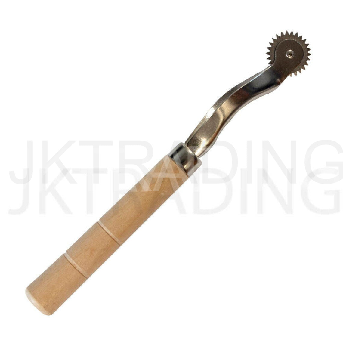 Angled shot of a classic wooden handle dressmaker dart marker tool isolated on a white backdrop.