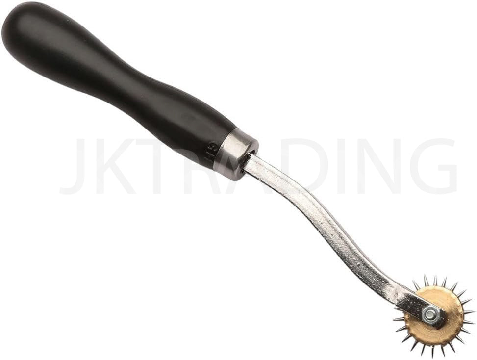 Full side profile of a professional ergonomic black-handled needle-point dressmaking tracing wheel.