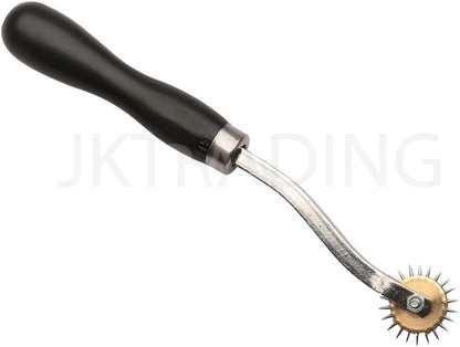 Full side profile of a professional ergonomic black-handled needle-point dressmaking tracing wheel.