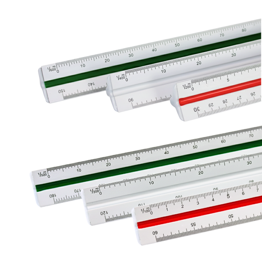 Three color-coded aluminum architectural triangular scale rulers stacked together on a clean white background.