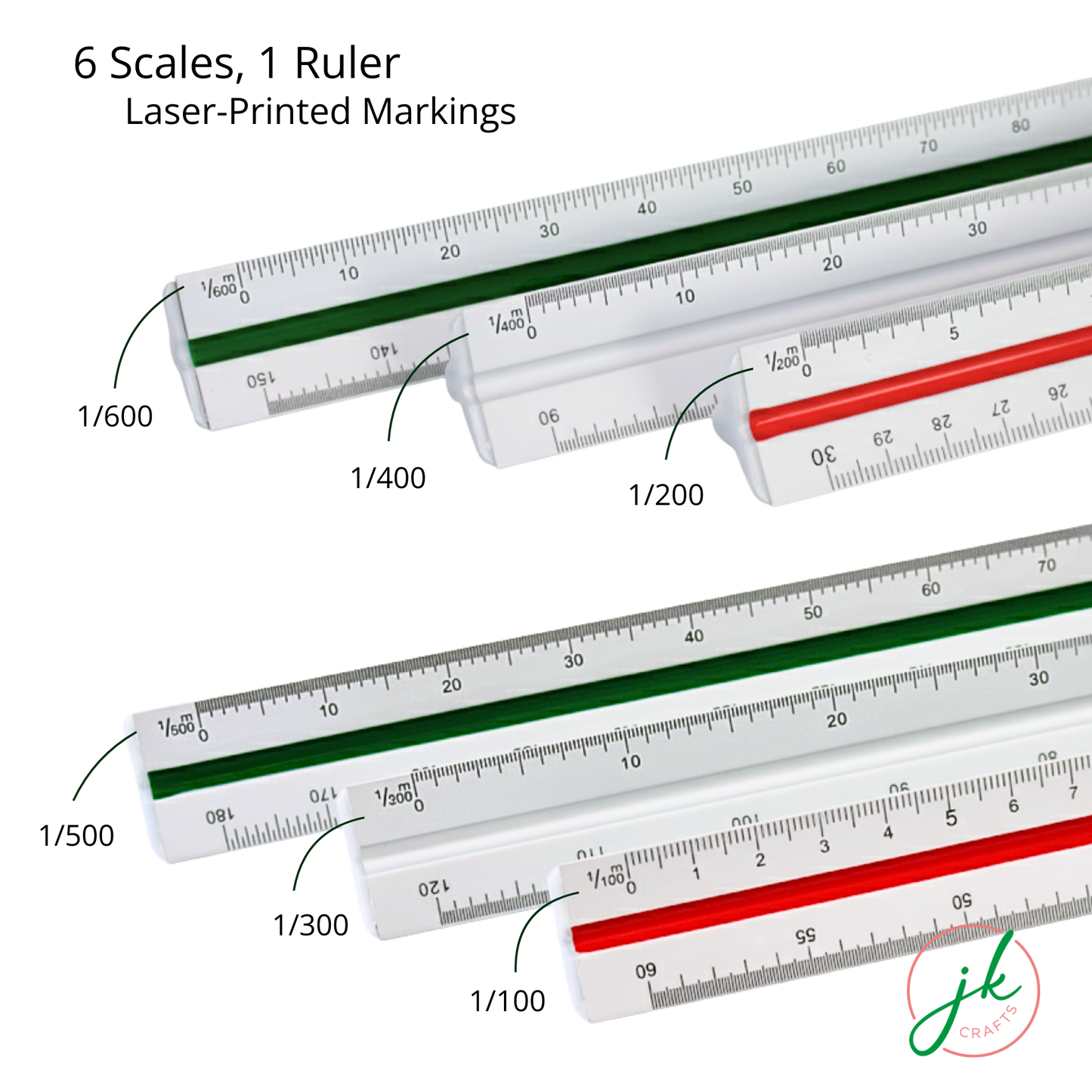 Infographic illustrating the 6 unique ratios and laser-etched imperial or metric markings on the triangular draft scales.