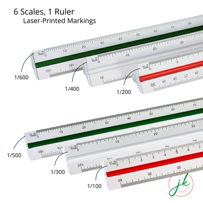 Infographic illustrating the 6 unique ratios and laser-etched imperial or metric markings on the triangular draft scales.