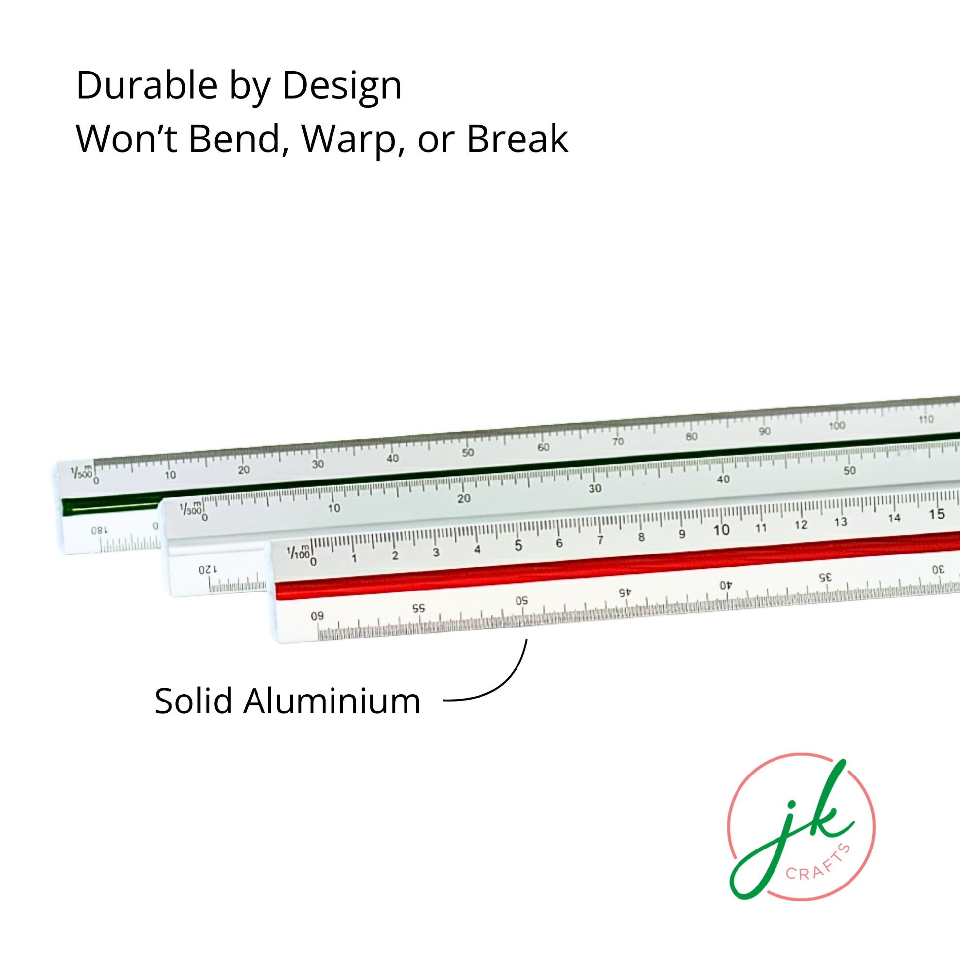Solid aluminum triangular scale rule showing off its durable, warp-proof, and laser-etched blueprint drafting edge.