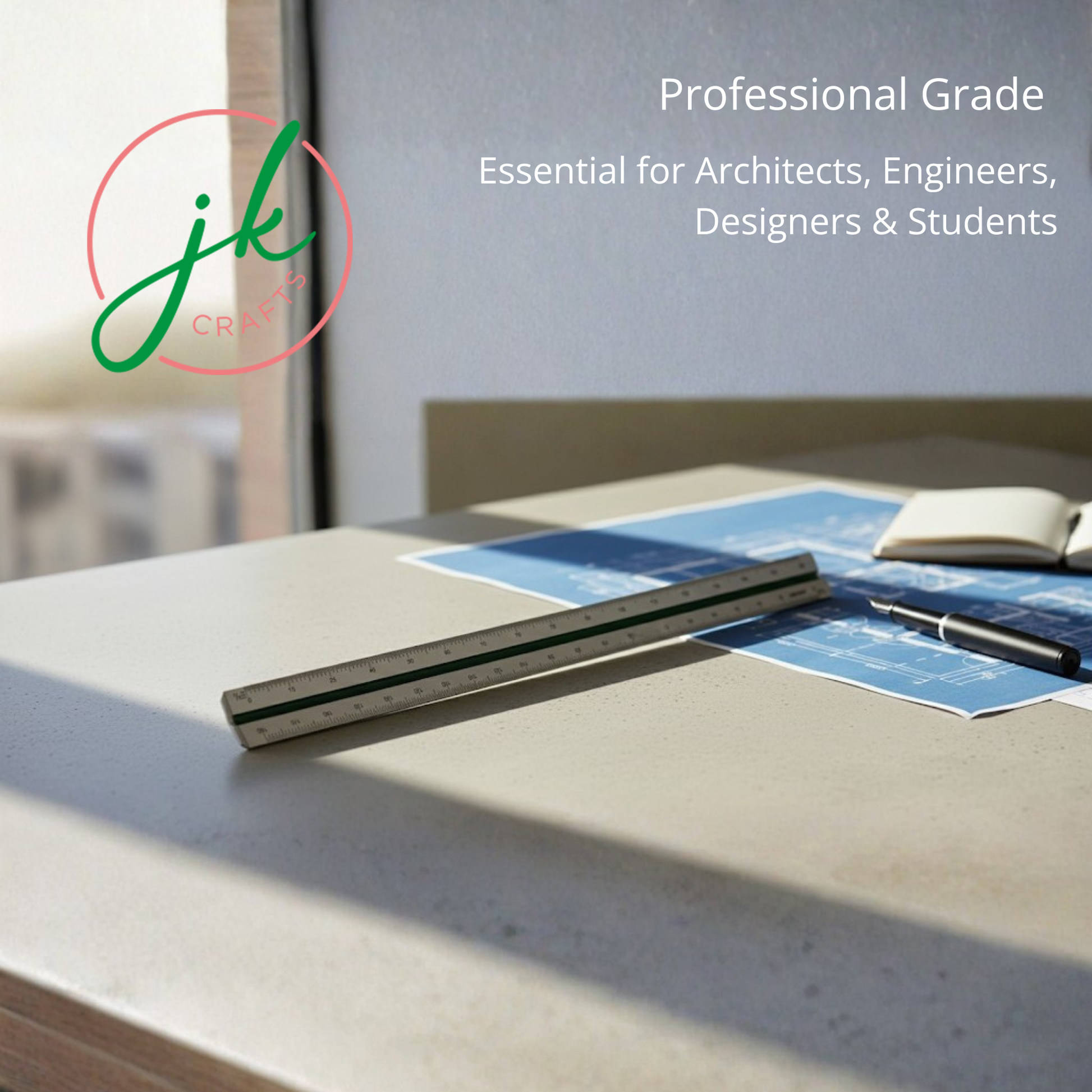 Professional metal scale ruler resting next to drafting pencils and technical blue blueprint prints on an architectural studio desk.