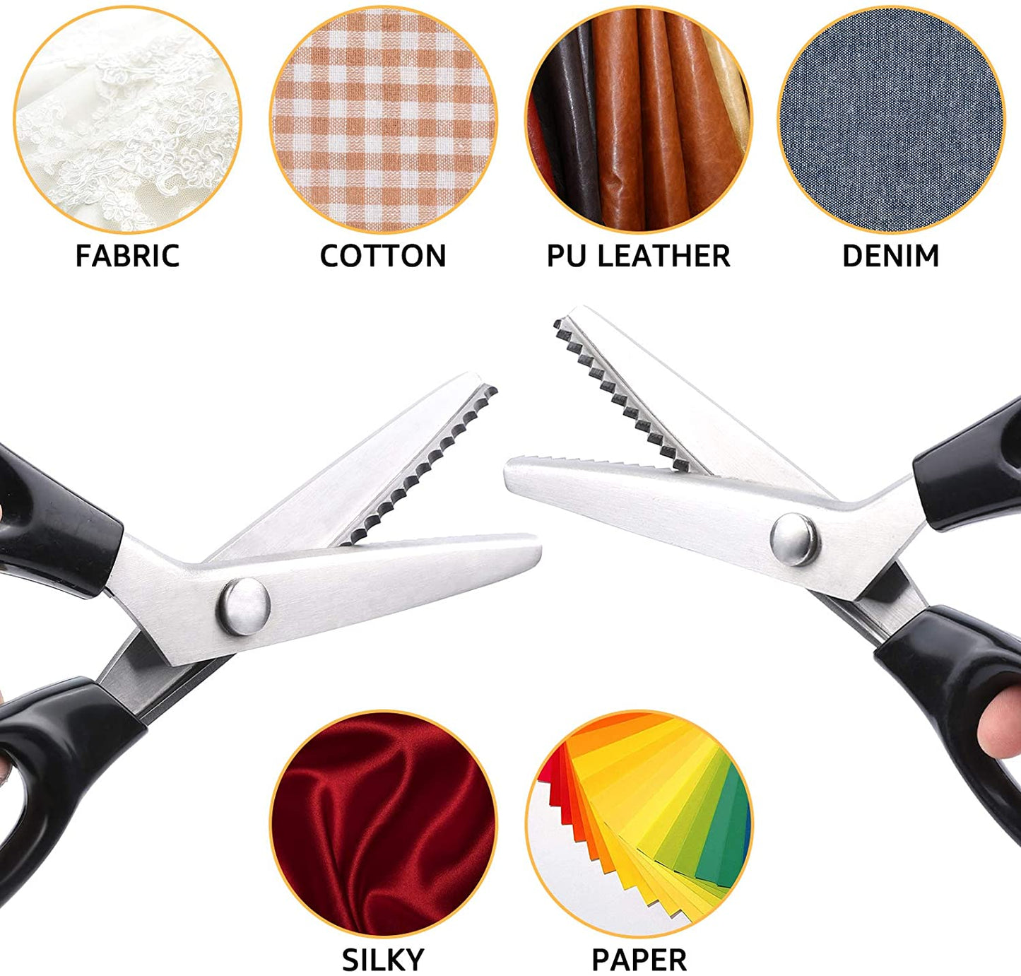 Pair of scissors with textured blades on a white background, surrounded by fabric types.
