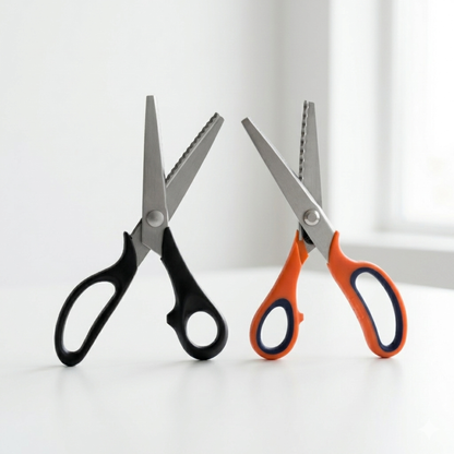 Two pairs of pinking scissors, one with black handles and the other with orange and blue handles, on a white surface.