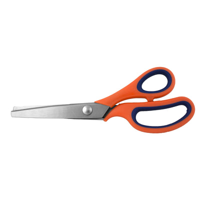 Scissors with orange and blue handles on a white background